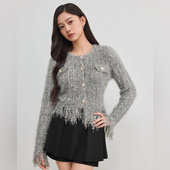 Cider Sweaters - Cider FUZZY ROUND NECK BUTTON METALLIC KNITTED LONG SLEEVE CHIC CARDIGAN L CR1-5